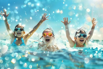 Happy kids swimming underwater in pool 