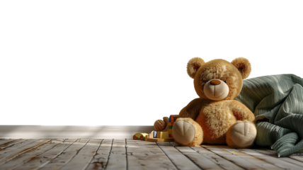 A brown teddy bear sitting on a wooden floor isolated on a transparent background