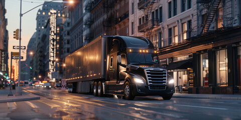 Obraz premium Cargo delivery van in city industrial container freight ship on asphalt highway road. Logistic industry import export delivering shipping to warehouse concept