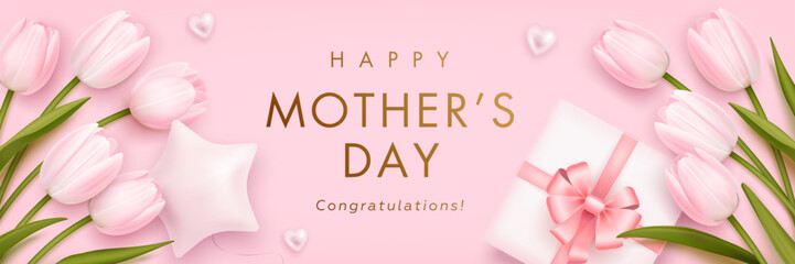 Mothers day horizontal billboard or web banner with realistic 3d pink tulips, gift box and golden text on pink background. Floral festive elegant wallpaper. Vector illustration