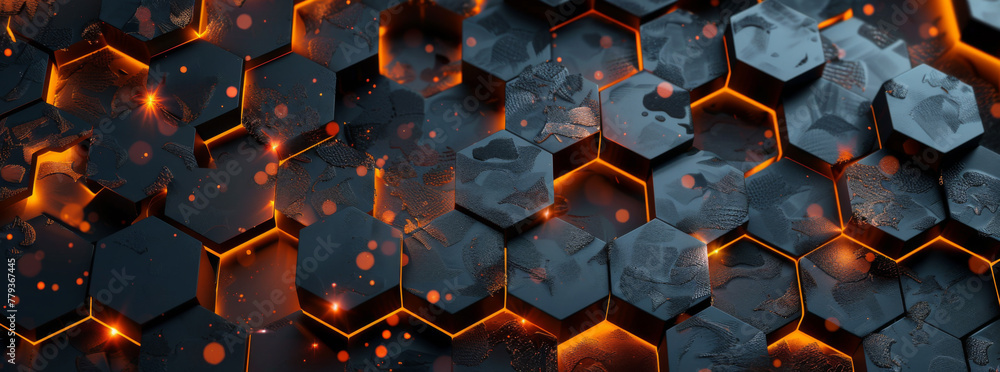 Poster abstract background with dark gray and orange hexagonal tiles