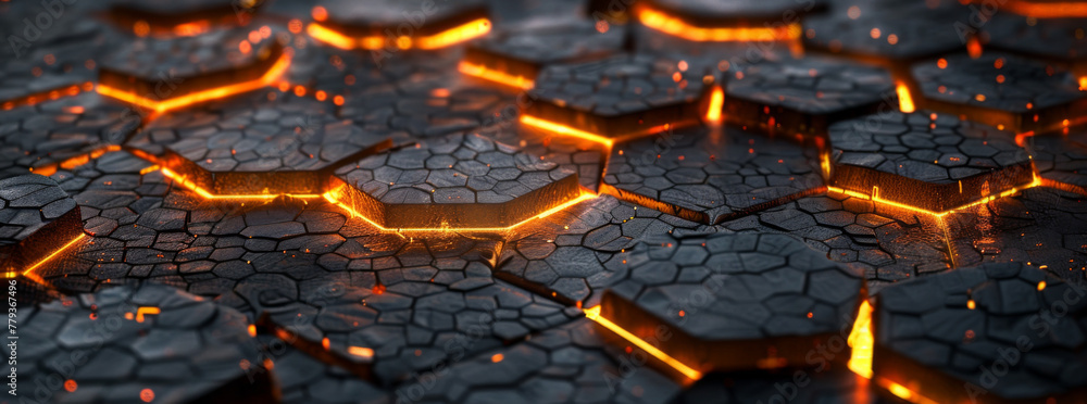 Poster abstract background with dark gray and orange hexagonal tiles