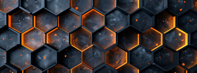 Abstract background with dark gray and orange hexagonal tiles