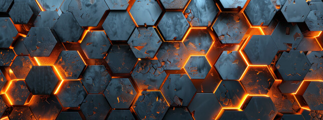 Abstract background with dark gray and orange hexagonal tiles - obrazy, fototapety, plakaty