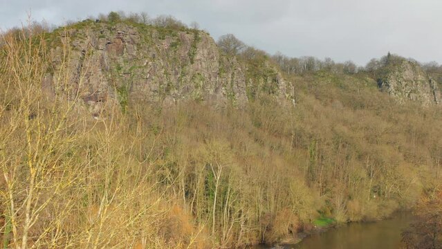 Panorama Of Cliffs Behind Foliage In Clecy, Normandy, France. panning shot