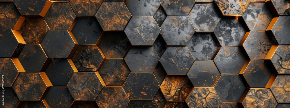 Poster abstract background with dark gray and orange hexagonal tiles