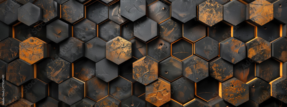 Poster abstract background with dark gray and orange hexagonal tiles