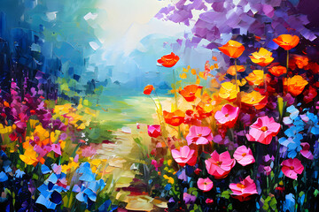colorful flowers painting background. Impasto