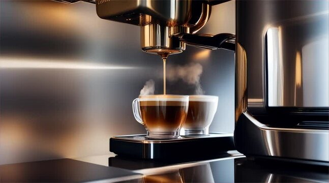 Espresso machine pouring coffee in modern kitchen interior in a house with contemporary design and luxurious furniture.