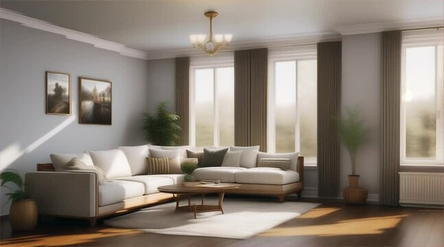Modern living room interior with sofa and contemporary furniture in a comfortable home design and a window with plenty of natural light.
