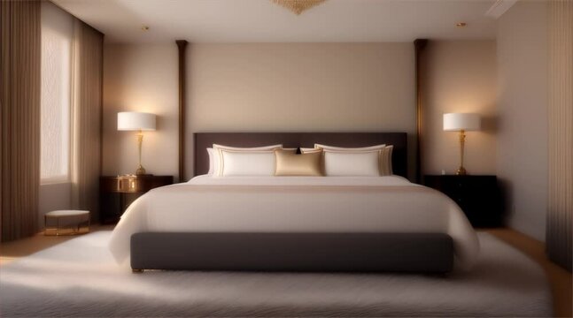 Comfortable luxury hotel bedroom with contemporary interior design and stylish furniture