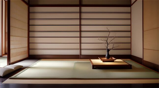 Japanese room with door and garden, featuring traditional interior design elements like paper walls, wooden furniture, and a serene ambiance