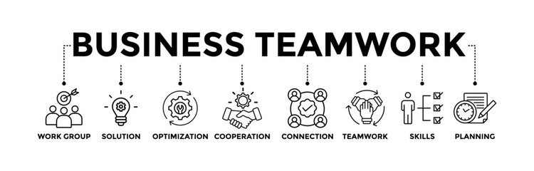 Business teamwork banner icons set with black outline icon of work group, solution, optimization, cooperation, connection, teamwork, skills, and planning	