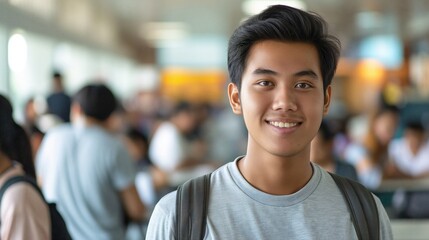 Fototapeta premium Handsome young filipino male student smiling and looking at the camera in a high school classroom with blurred students in the background.
