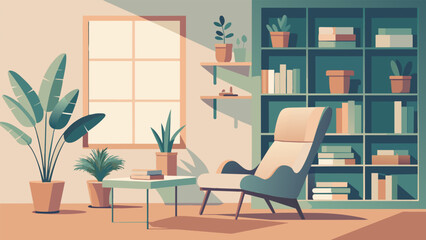 A charming reading nook filled with a variety of potted plants a custombuilt bookshelf and a comfortable lounge chair offering a peaceful - obrazy, fototapety, plakaty