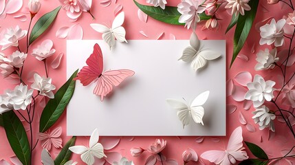 Artistic paper art composition with magnolia flowers and elegant butterflies on a coral textured background.