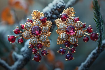 Luxurious gold jewelry earring with ruby ​​or red stone and diamonds