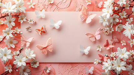 Ideal for celebrations, a vivid pink background hosts a lush display of vibrant pink paper flowers and delicate butterflies.