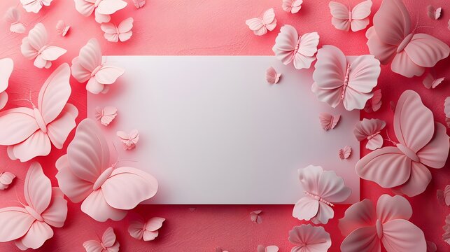 Vibrant pink paper butterflies arranged around a blank space on a textured coral background, perfect for message display.
