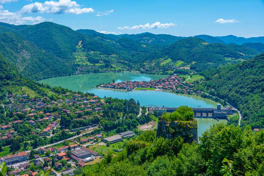 Aerial view of Zvornik hydroelectric power plant between Bosnia and Serbia