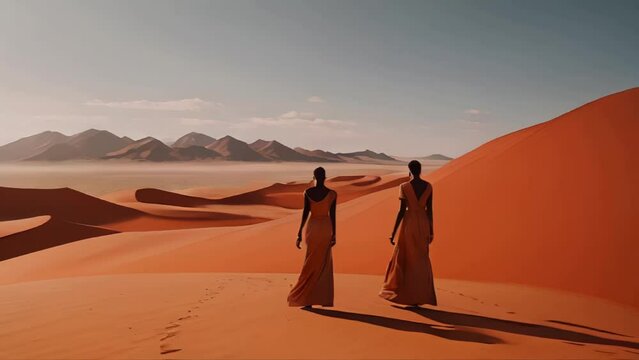 Two women in simple clothes are walking in the desert