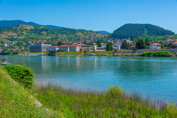 Sunny Panorama view of Bosnian town Visegrad