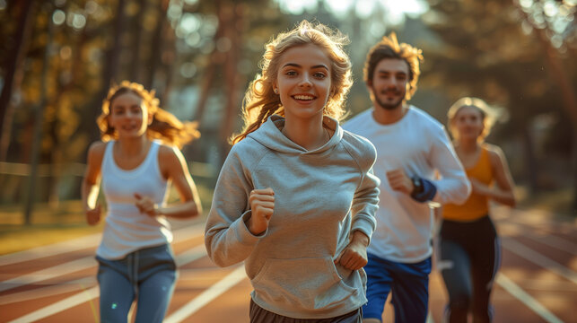 Diverse Group of People Running a Marathon in a City During the Day.
