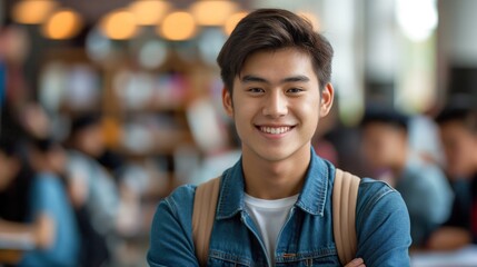 Handsome young filipino male student smiling and looking at the camera in a high school classroom with blurred students in the background.