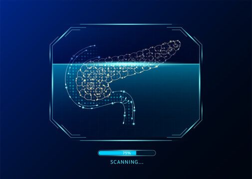 Pancreas scanning radar screen. Medical technology health care. Digital interface system MRI scan analysis of human organ. Science concept. Vector EPS10.