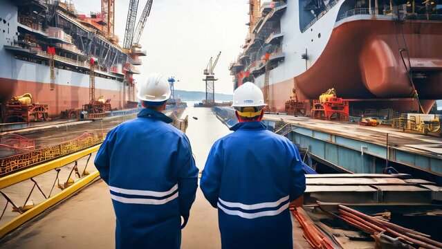 Big ship under construction in shipyard with shipyard workers around