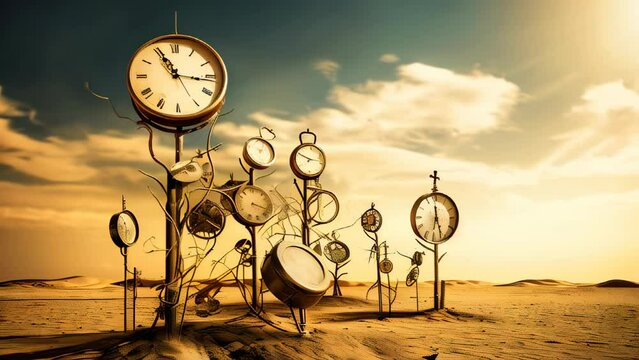 Abstract time related concept with old clocks in the desert