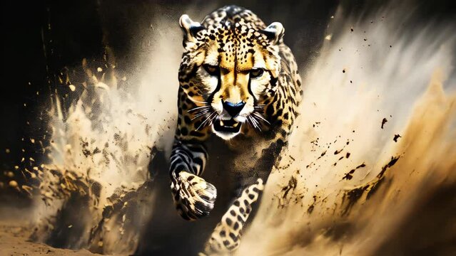 A cheetah running through the sand
