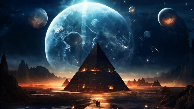 Pyramid surrounded by planets in the night. Esoteric, ancient wisdom and astrology concept.
