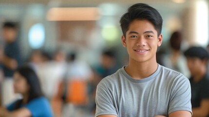 Handsome young filipino male student smiling and looking at the camera in a high school classroom with blurred students in the background.