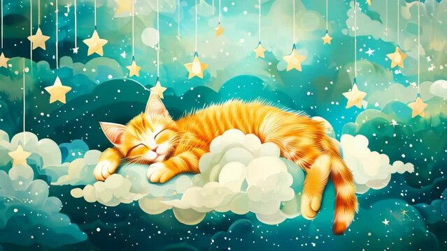 A drawing of a cute cat sleeping on clouds