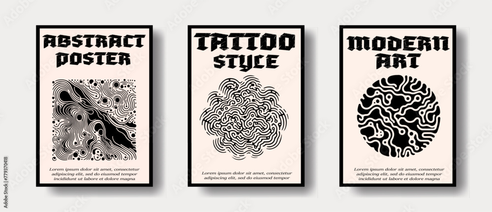 Poster set of modern abstract posters with geometrical textured shapes. contemporary zentangle style.