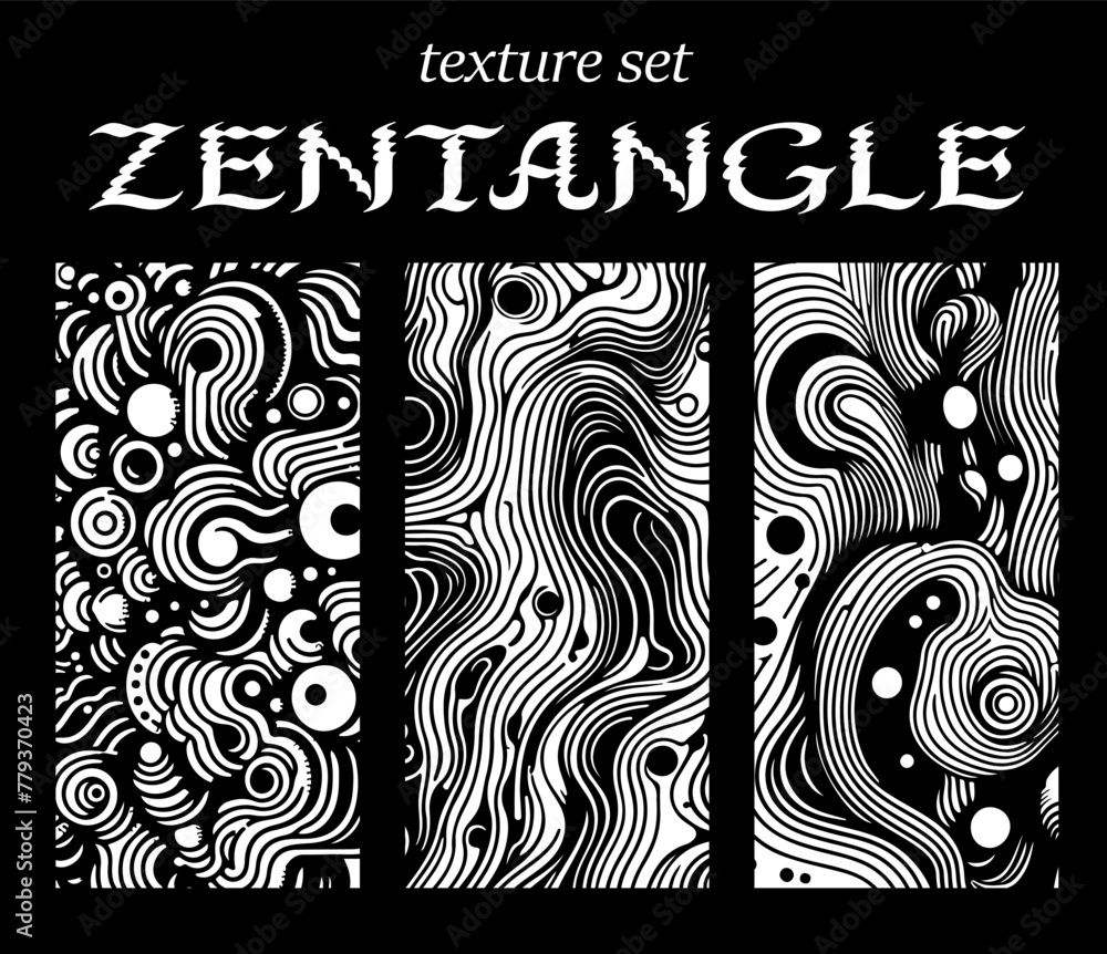 Poster set of zentangle doodle textures in black and white colors. vector abstract backgrounds.