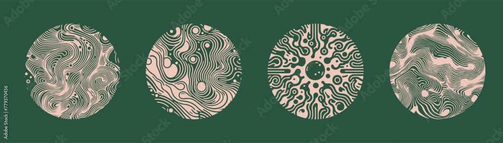 Aufkleber Set of elegant cirlce shapes with psychedelic trippy pattern resembling ink blots and stains.