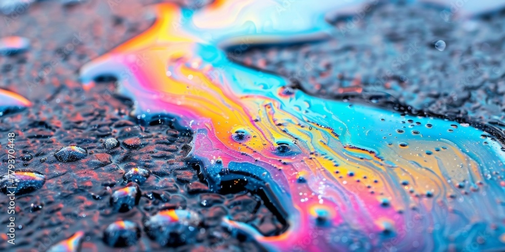Poster close-up view of water droplets on the surface with colorful oil slick patterns, enhancing the textu