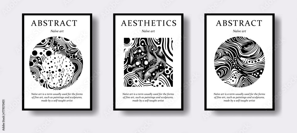 Poster set of modern abstract posters with geometrical textured shapes. contemporary zentangle style.