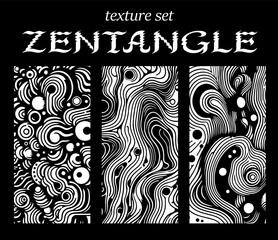 Set of zentangle doodle textures in black and white colors. Vector abstract backgrounds. - 779370423
