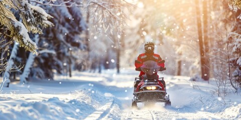A person is riding a snowmobile in a snowy landscape during winter