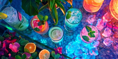An overhead view of a table elegantly set with glasses filled with a variety of drinks, ready for a social gathering or event
