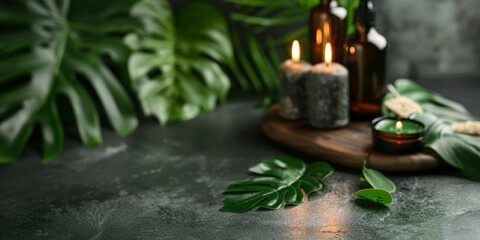 A table adorned with two oil bottles and a flickering candle, accompanied by green tropical leaves - spa essentials