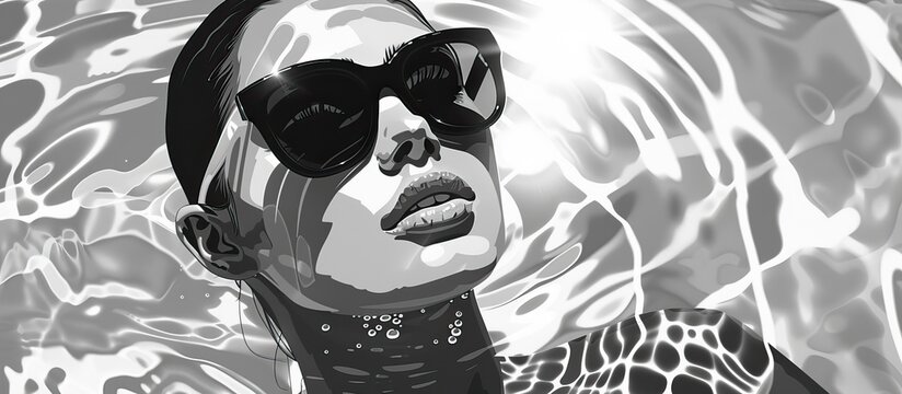 A monochrome art piece depicting a woman wearing stylish sunglasses, exuding a cool gesture. The black and white filter adds a timeless charm to the eyewear