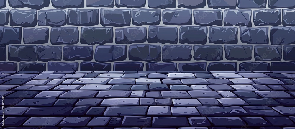Poster a building with a grey brickwork wall has a brick flooring in front, creating a pattern of bricks on
