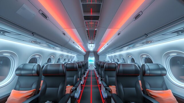 Modern Airplane Interior with LED Lighting. Comfortable Passenger Seats, Travel Concept. Stylish Aircraft Cabin Design, Technology and Luxury. AI