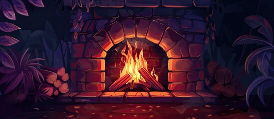Fire depicted in a fireplace made of stone, embellished by surrounding greenery - obrazy, fototapety, plakaty