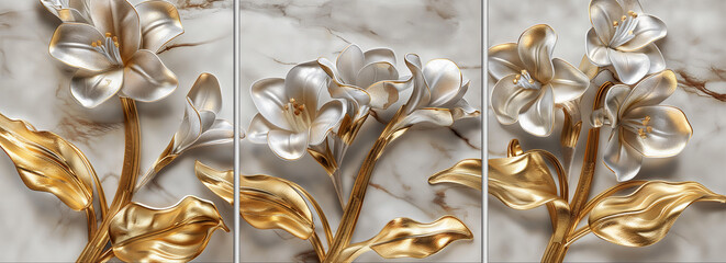 panel wall art, marble background with flowers designs , wall decoration	 - obrazy, fototapety, plakaty