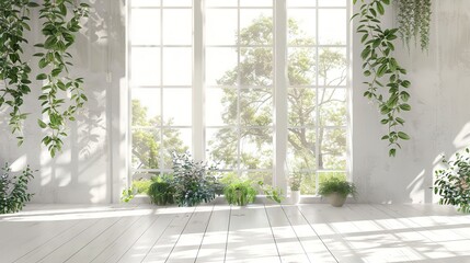 plants, plants, grass, large window and white wooden floor in the summer, in the style of warm tonal range, ​